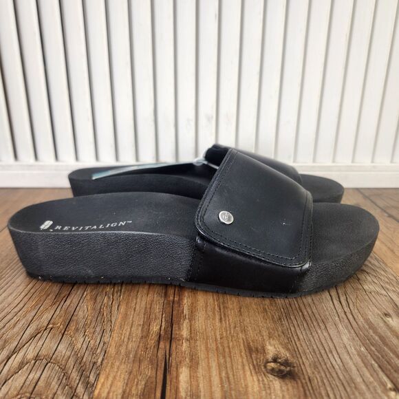 Revitalign Breezy Slides Womens 7 Black Leather Comfort Orthotic Slip On Sandals - Picture 1 of 10